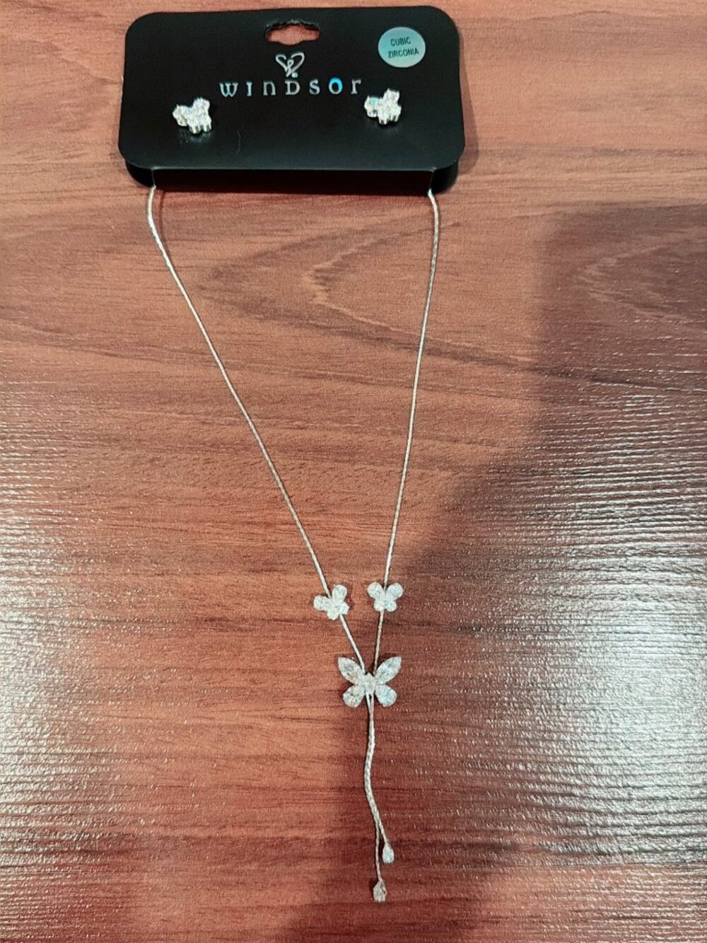 Windsor Cubic Zirconia Butterfly Y-Necklace Stud Earrings Set Silver NWT